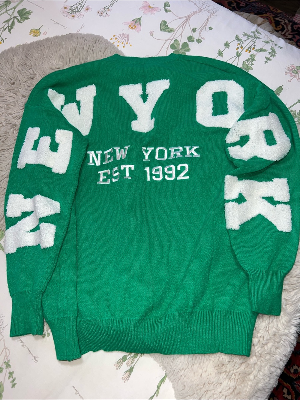 Green Crewneck Sweater with White 'New York EST 1992' Appliqué